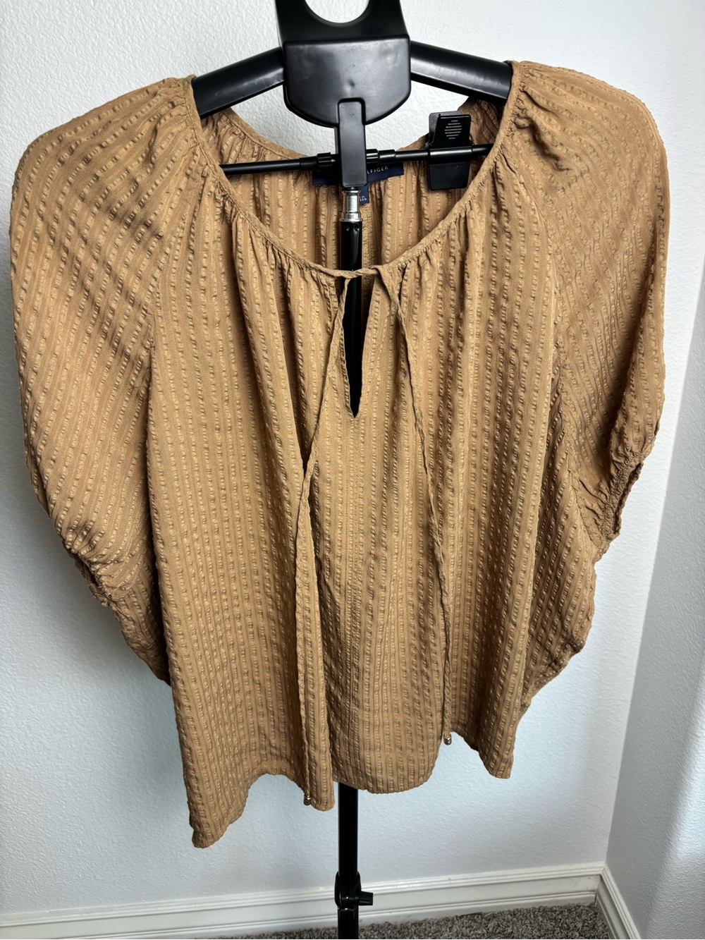 Tommy Hilfiger Tan Textured Tie-Neck Blouse